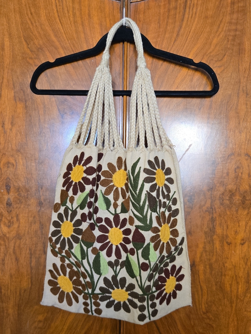 Hand-Embroidered Floral Tote Bag in Cream